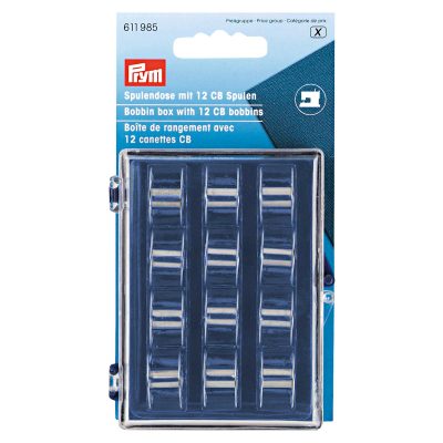 PRYM BOBBIN BOX + 12 CB METAL BOBBINS 3X7X9CM